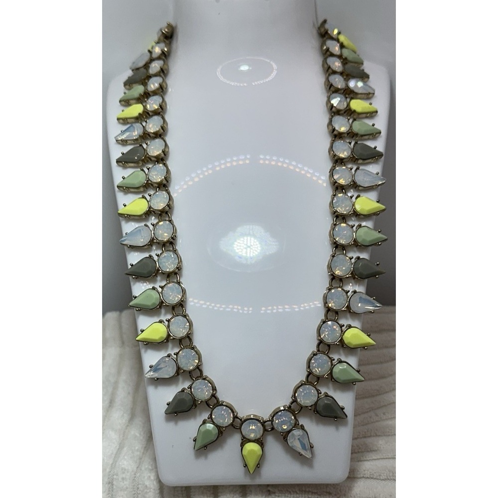 J Crew Statement Necklace Gold Tone Opaline Rhinestones Green Gray Teardrop